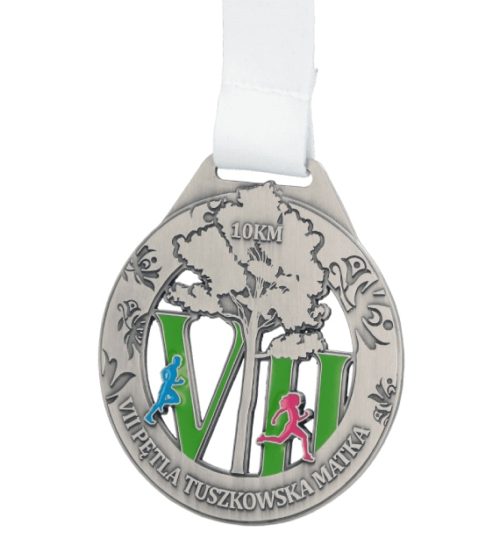Medal odlewany 7 pętla tuszkowska z zielonym wypełnieniem kolorem i białą wstążką