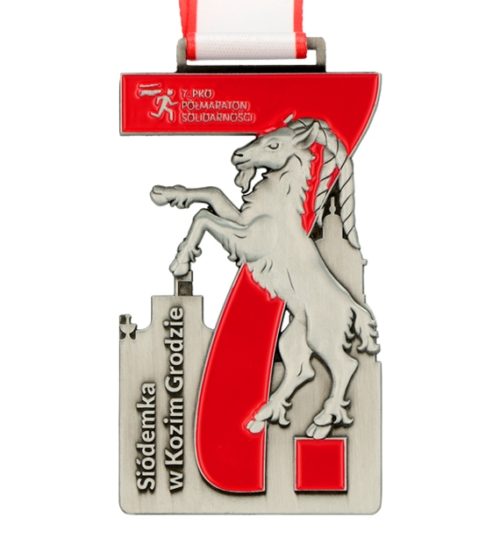 Medal odlewany 7 pko maraton z kozą i wypełnieniem czerwoną farbą