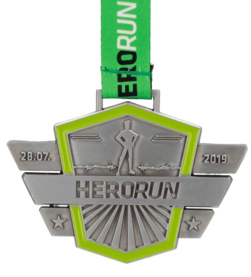 Medal odlewany Herorun z personalizowaną wstążką i wypełnieniem zielonym kolorem