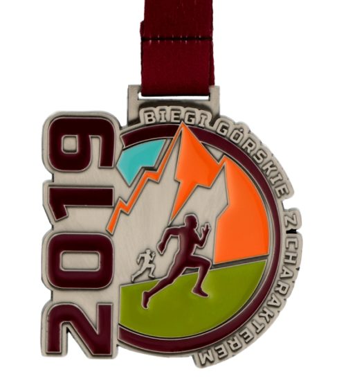 Medal odlewany bieg górski z charakterem z wypełnionymi elementami farbą