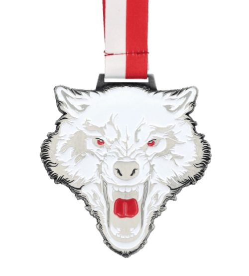 Medal odlewany w kształcie głowy wilka z biało czerwoną wstążką 4 Bieg Zeloty