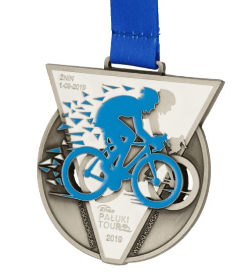 Medal odlewany Enea pałuki tour z rowerzystą wypełnionym niebieską farbą