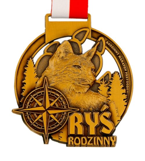 Medal odlewany rodzinny maraton przyrodniczy ryś w kolorze antyczne złoto