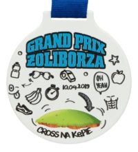 Medal z nadrukiem q-medals standard plus grand prix żoliborza - biały medal z niebieskim nadrukiem