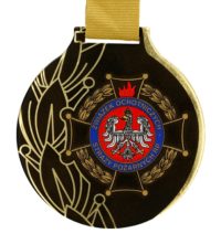 Medal z nadrukiem q-medals standard pluszwiązek ochotniczych straży pożarnych - złoty medal z czarnym nadrukiem i logiem OSP