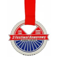 Medal odlewany na czerwonej wstążce w kształcie koła roweru