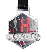 Medal Runmageddon z nadrukiem na czarnej sublimacyjnej wstążce