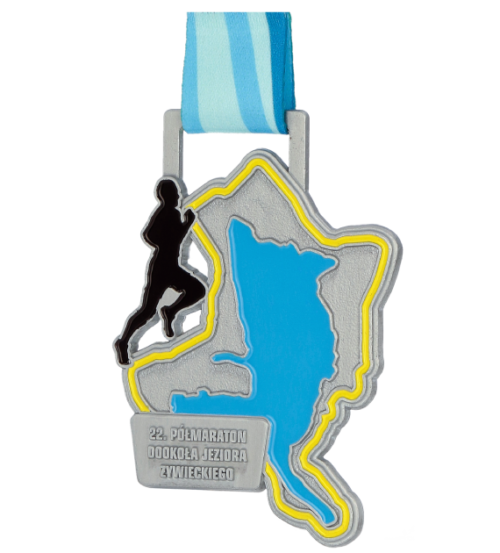 Medal na 22. Półmaraton Wokół Jeziora Żywieckiego to kolorowy medal odlewany o nieregularnym kształcie - bok