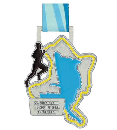 Medal na 22. Półmaraton Wokół Jeziora Żywieckiego to kolorowy medal odlewany o nieregularnym kształcie - przód