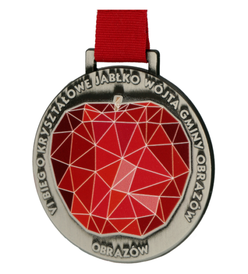 Medal na VI Bieg o Kryształowe Jabłko Wójta Gminy Obrazów to nowoczesny medal z wyrazistą kolorystyką - bok