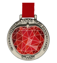 Medal na VI Bieg o Kryształowe Jabłko Wójta Gminy Obrazów to nowoczesny medal z wyrazistą kolorystyką - przód