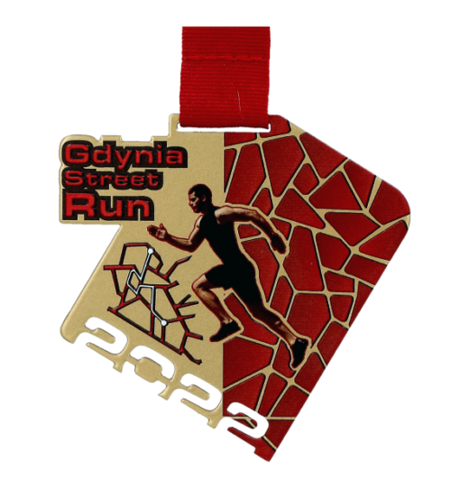 Medale Lasercut Gdynia Street Run to medale cięte z kolorowym nadrukiem UV - złoto przód