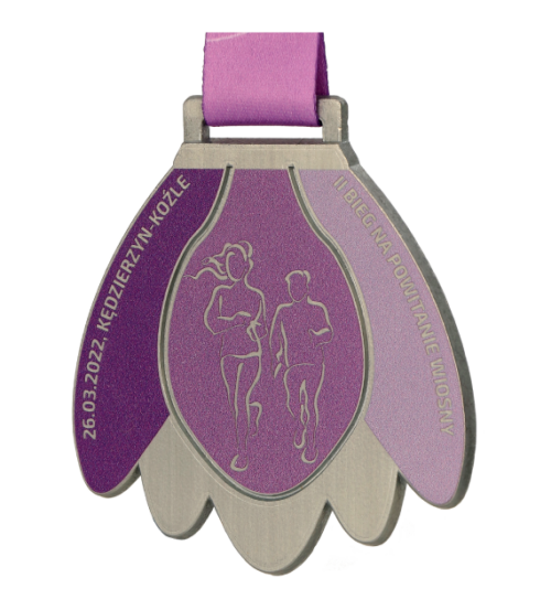 Medal na II Bieg na Powitanie Wiosny w kształcie popularnego, wiosennego kwiatu - bok