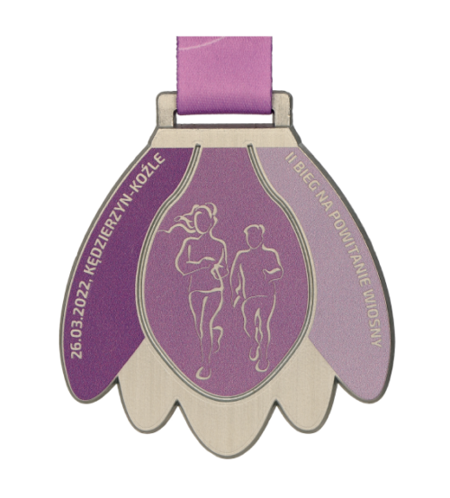Medal na II Bieg na Powitanie Wiosny w kształcie popularnego, wiosennego kwiatu - przód