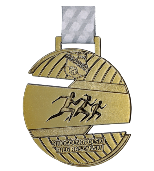 Medal na Ogólnopolski Bieg Raszyński to wysokiej jakości medal odlewany, który wyróżnia się wyrazistą kolorystyką - bok