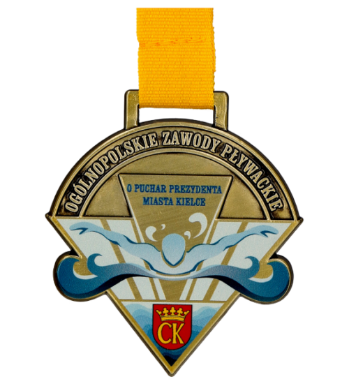 Medal na Ogólnopolskie Zawody Pływackie o Puchar Prezydenta Miasta Kielce w trzech kolorach z wyrazistą sygnaturą organizatora - złoty