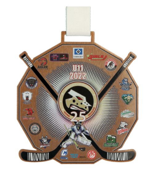 Medale na turniej hokeja U11 to nowoczesne medale wyróżniające się nieszablonową formą i dopracowanymi szczegółami - brązowy
