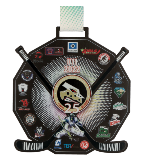 Medale na turniej hokeja U11 to nowoczesne medale wyróżniające się nieszablonową formą i dopracowanymi szczegółami - czarny