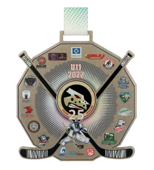 Medale na turniej hokeja U11 to nowoczesne medale wyróżniające się nieszablonową formą i dopracowanymi szczegółami - srebrny