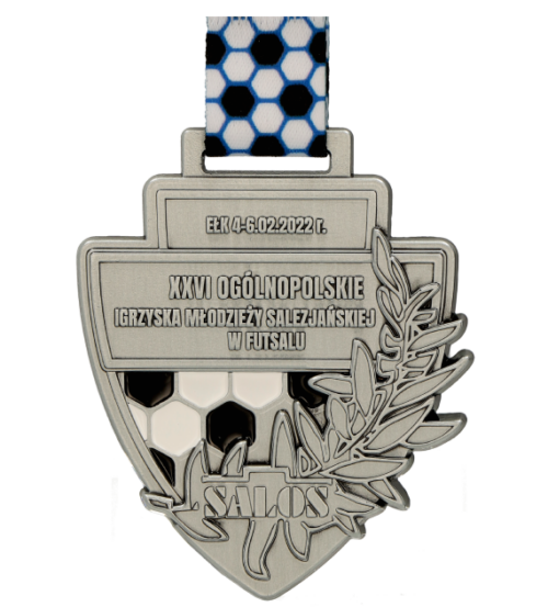 Medal odlewany na XXVI Ogólnopolskie Mistrzostwa Młodzieży Salezjańskiej w futsalu - srebrny przód
