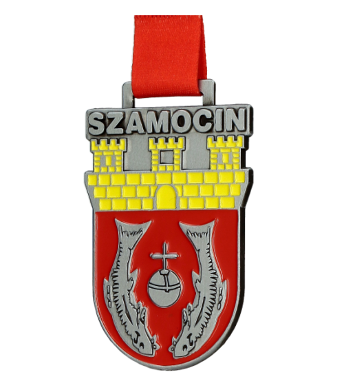 Medal odlewany na Bieg Uliczny Szamocińska Siekiera to medal w kształcie herbu miasta o wyrazistej kolorystyce i starannie wykonanych zdobieniach - bok