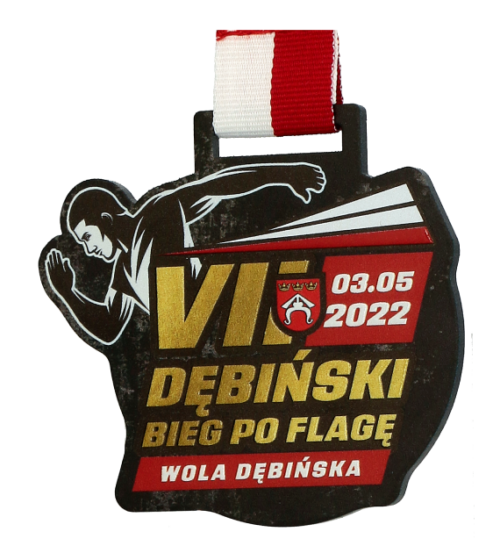 Medal LaserCut na VII Dębiński Bieg po Flag to elegancka nagroda utrzymana w patriotycznych barwach - bok