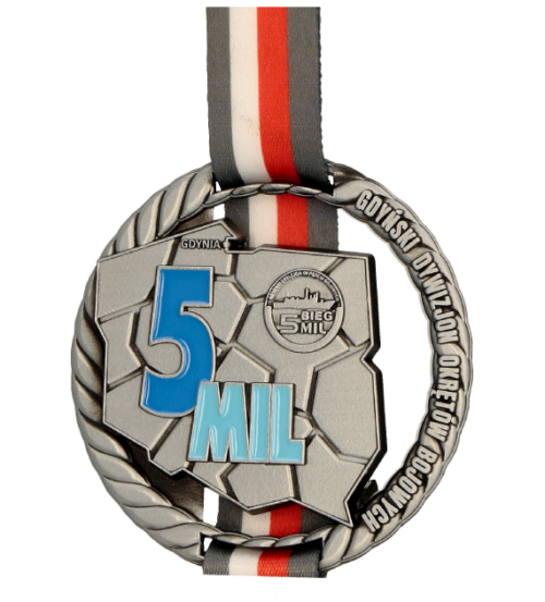 Medal odlewany na Bieg 5 mil o eleganckim, okrągłym kształcie z wyróżniającym się środkiem oraz miejscem na wstążkę - bok