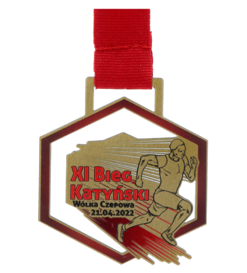 Nowoczesne medale na Bieg Katyński wycięte w geometryczny kształt z dynamicznym motywem biegacza - przód
