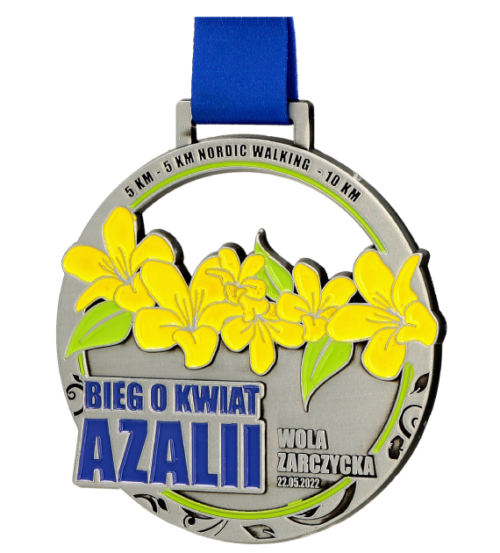Medal na Bieg o Kwiat Azalii z wyrazistymi zdobieniami i nawiązującą do wydarzenia symboliką - bok