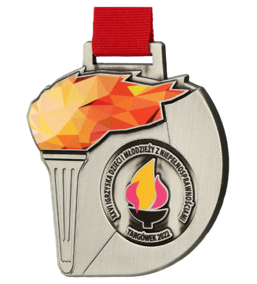 Medal na Igrzyska Dzieci i Młodzieży z Niepełnosprawnościami z kolorowym nadrukiem w kształcie płomienia olimpijskiego - bok