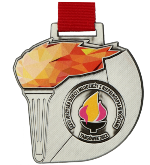 Medal na Igrzyska Dzieci i Młodzieży z Niepełnosprawnościami z kolorowym nadrukiem w kształcie płomienia olimpijskiego - przód