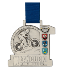 Medal odlewany na Łańcucki Maraton MTB w kształcie cyfry dziesięć z rowerowym motywem