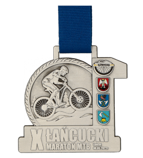 Medal odlewany na Łańcucki Maraton MTB w kształcie cyfry dziesięć z rowerowym motywem