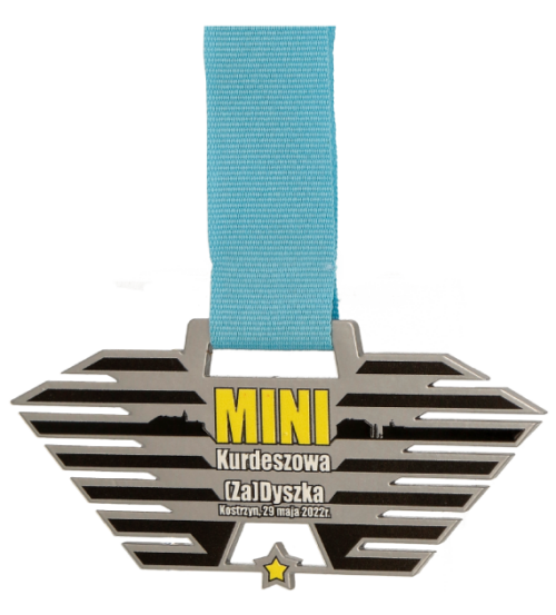 Medal cięty laserowo Mini Kurdeszowa Zadyszka o ciekawym kształcie i dynamicznej kolorystyce - bok
