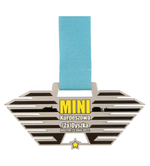 Medal cięty laserowo Mini Kurdeszowa Zadyszka o ciekawym kształcie i dynamicznej kolorystyce - przód