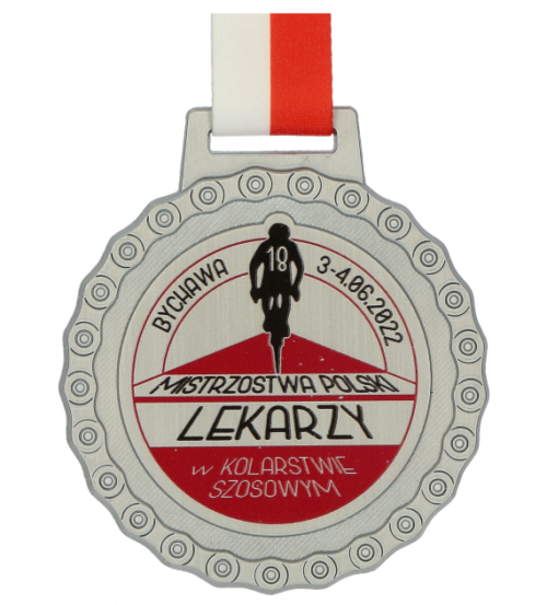 Medal na Mistrzostwa Polski Lekarzy w kolarstwie szosowym o klasycznym kształcie, głębokiej kolorystyce i ciekawym wzornictwie - przód srebro