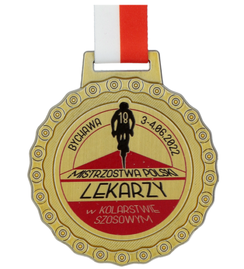 Medal na Mistrzostwa Polski Lekarzy w kolarstwie szosowym o klasycznym kształcie, głębokiej kolorystyce i ciekawym wzornictwie - przód złoto
