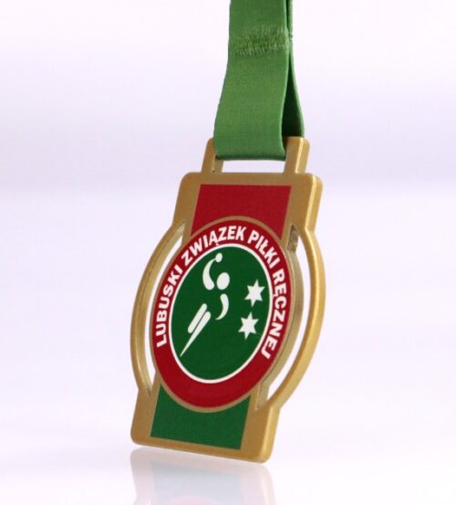Medal na Turniej Mini Piłki Ręcznej cięty laserowo o eleganckim, klasycznym kształcie przełamanym okrągłym wycięciem