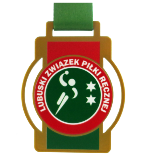 Medal na Turniej Mini Piłki Ręcznej cięty laserowo o eleganckim, klasycznym kształcie przełamanym okrągłym wycięciem - przód