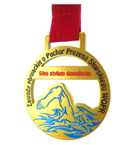 Medal na Zawody Pływackie o Puchar Prezesa Słupskiego WOPR wycinany laserowo o klasycznym kształcie z motywem pływackim - bok