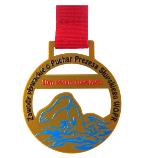 Medal na Zawody Pływackie o Puchar Prezesa Słupskiego WOPR wycinany laserowo o klasycznym kształcie z motywem pływackim - przód