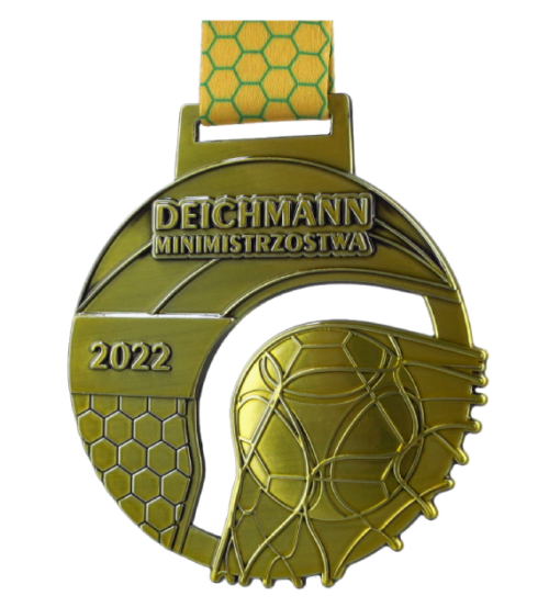 Medal odlewany na Deichmann Minimistrzostwa o złotej kolorystyce, dopasowanym wypełnieniu i trójwymiarowych zdobieniach - bok