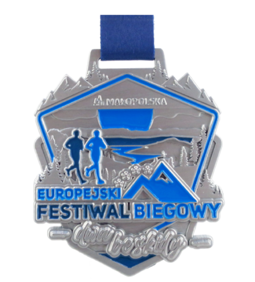 Medal odlewany na Europejski Festiwal Biegowy z licznymi zdobieniami górskimi wypełnionymi wyrazistym, błękitnym kolorem - przód