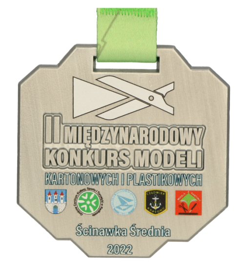 Medal na Międzynarodowy Konkurs Modeli Kartonowych i Plastikowych o symetrycznym kształcie z nadrukowami logotypami organizatorów - przód