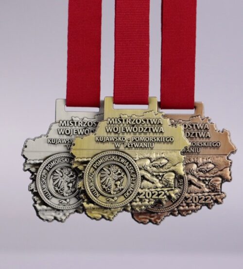 Medal odlewany na Mistrzostwa Województwa Kujawsko-Pomorskiego w Pływaniu z bogatym i dokładnym zdobieniem