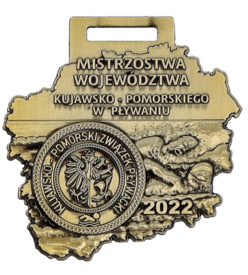 Medal odlewany na Mistrzostwa Województwa Kujawsko-Pomorskiego w Pływaniu z bogatym i dokładnym zdobieniem - przód