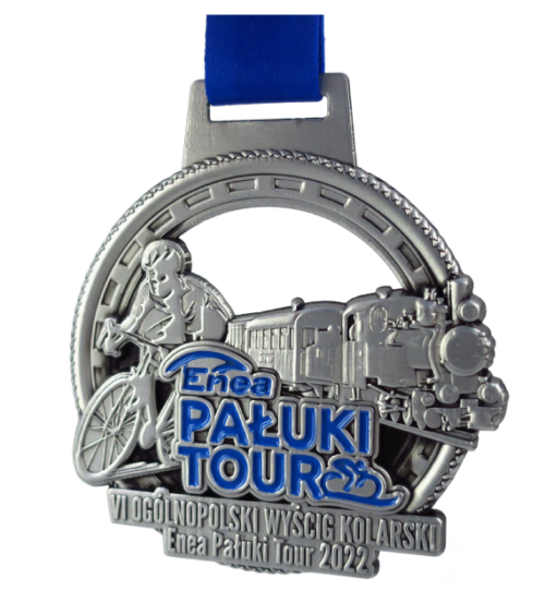 Medal odlewany na Ogólnopolski Wyścig Kolarski Enea Pałuki Tour o ciekawym, okrągłym kształcie z wycięciem i zdobieniami wyczuwalnymi pod opuszkiem palca - bok