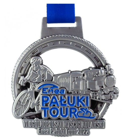 Medal odlewany na Ogólnopolski Wyścig Kolarski Enea Pałuki Tour o ciekawym, okrągłym kształcie z wycięciem i zdobieniami wyczuwalnymi pod opuszkiem palca - przód