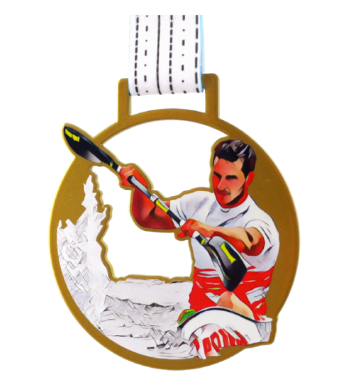 Medale cięte laserowo na Otwarte mistrzostwa w kajakarstwie w trzech kolorach z kajakarskim, wyrazistym motywem - bok