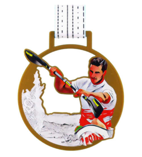 Medale cięte laserowo na Otwarte mistrzostwa w kajakarstwie w trzech kolorach z kajakarskim, wyrazistym motywem - przód